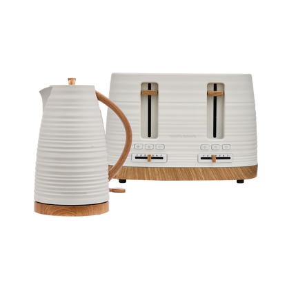 White and wooden electric kettle and toaster on a white background
