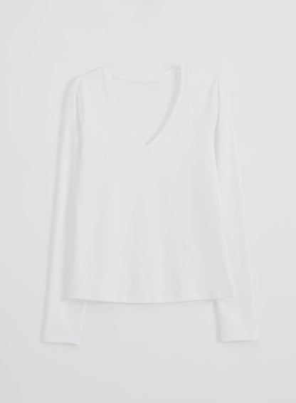 White Soft Basic V-neck Long Sleeve