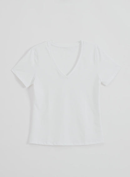 White Soft Basic V-neck Short Sleeve