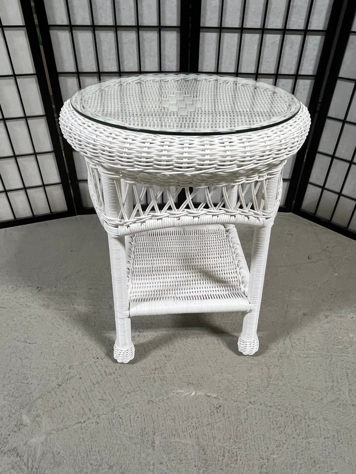 White Wicker Round Side Table with Glass