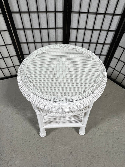 White Wicker Round Side Table with Glass