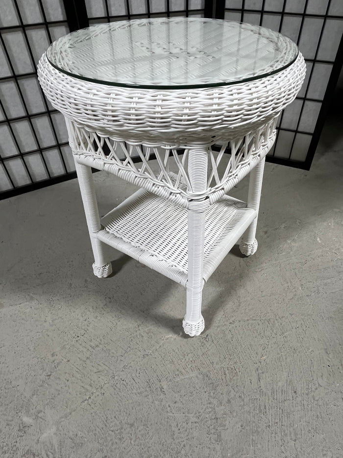 White Wicker Round Side Table with Glass
