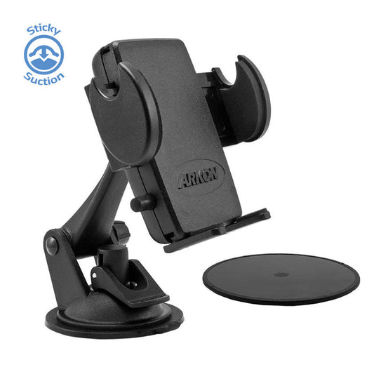 The Windshield or Dash Mega Grip™ Phone Car Holder Mount for iPhone, Galaxy, and Note is shown with a sticky suction base, circular mounting pad, and an adjustable black design. The Arkon brand name appears on the windshield phone mount.
