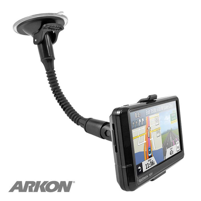 A Garmin nuvi 40, 50, 200, 2013, 24x5, or 25x5 Series GPS is mounted on the Windshield Suction Car Mount with Gooseneck. Navigation directions show onscreen and the ARKON logo appears in the bottom left corner.