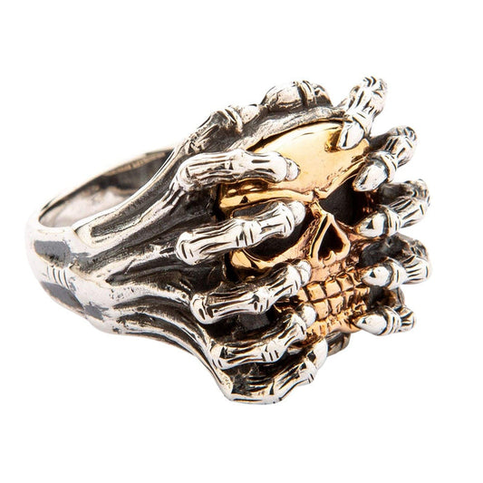 Yellow Gold Spider Skull Sterling Silver Ring featuring oxidized silver legs wrapping around a 14K gold skull centerpiece.