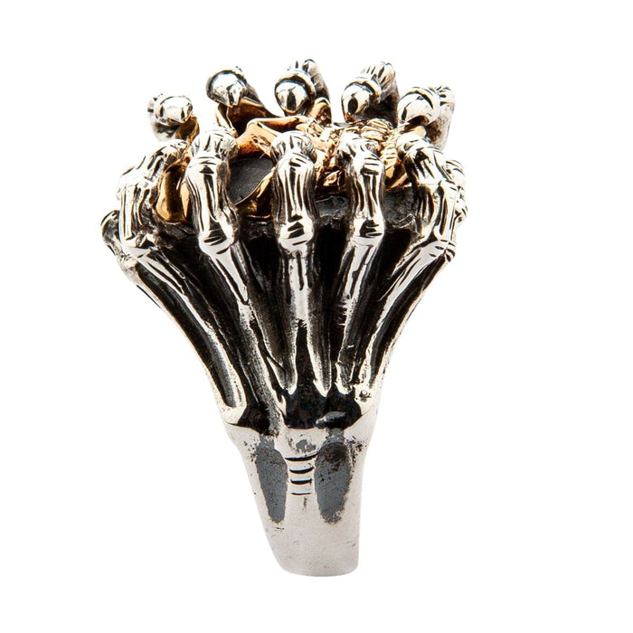 Bottom shank view displaying the textured oxidized silver spider legs merging into the solid ring base.