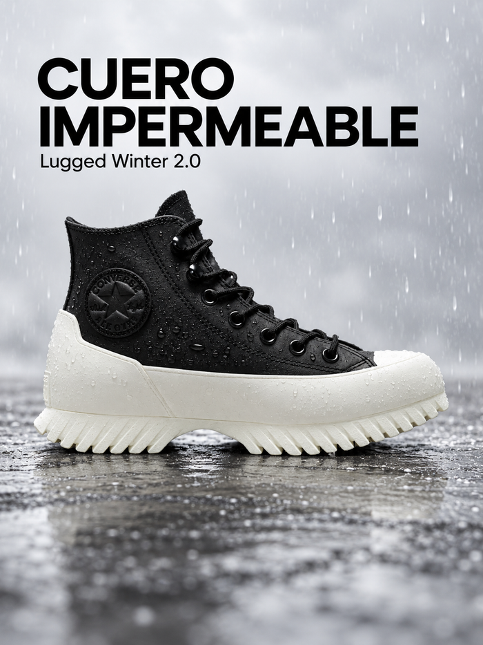Converse Lugged Winter 2.0 Negro de cuero impermeable, con gotas de agua.