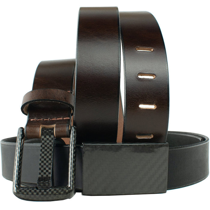 Zero Metal Belt Duo by Nickel Smart. One dark brown leather belt; one black. Carbon fiber buckles.